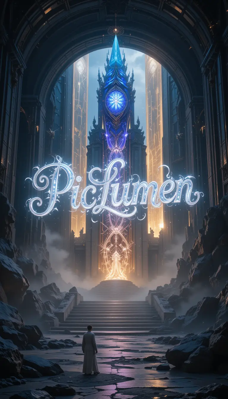 Glowing PicLumen text in a mystical fantasy city