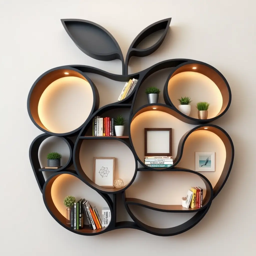 Modern curved bookshelf with warm led lighting and decor