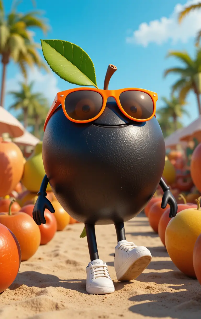 Black Apple Character Walking Through Colorful Fruit Crowd