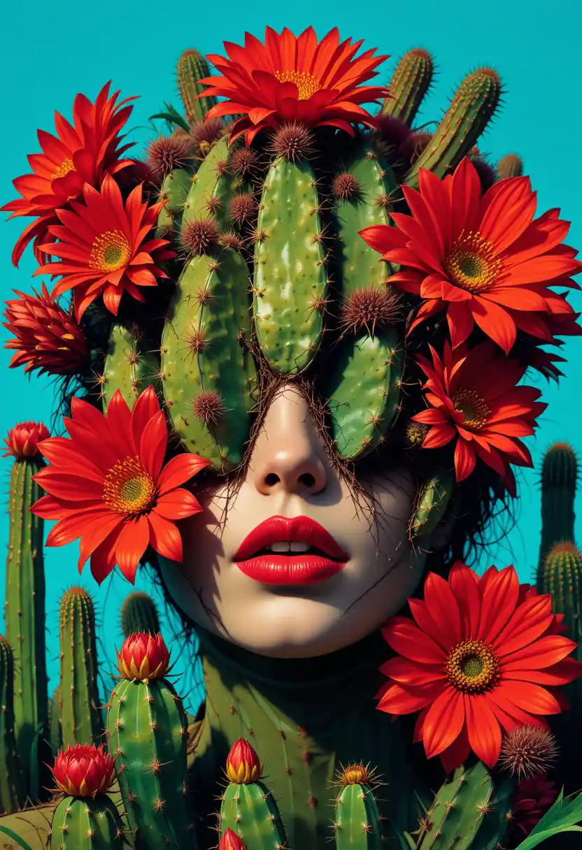Ritratto surreale di un volto nascosto da cactus e fiori