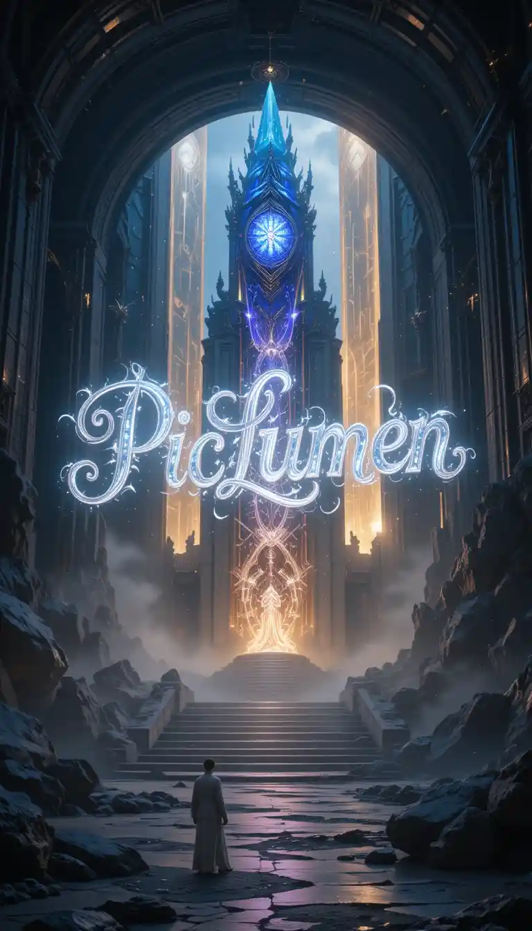 Glowing PicLumen text in a mystical fantasy city