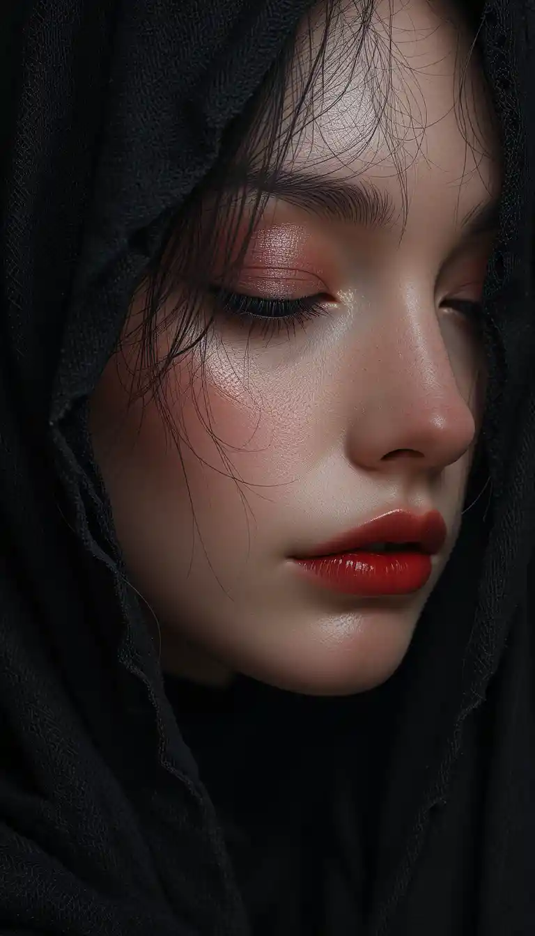 Woman in black veil with serene sensual portrait