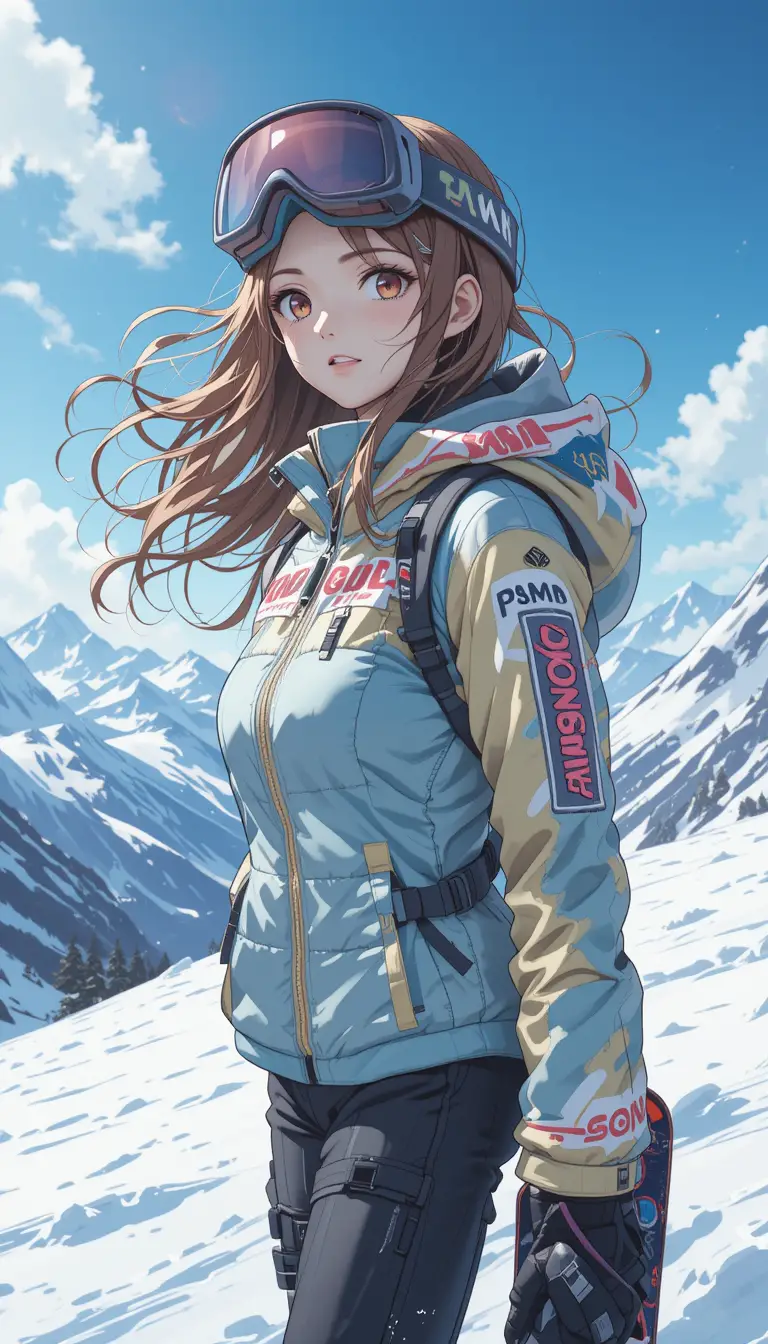 Anime girl snowboarding on a windy snowy mountain