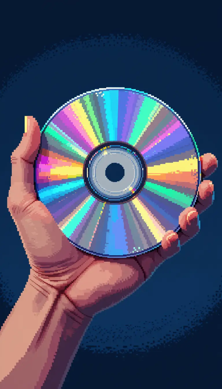 Pixel art hand holding a silver compact disc