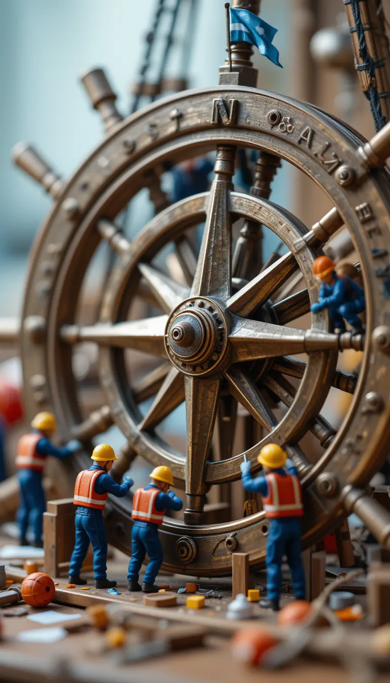 Mini workers adjusting a nautical compass in close up