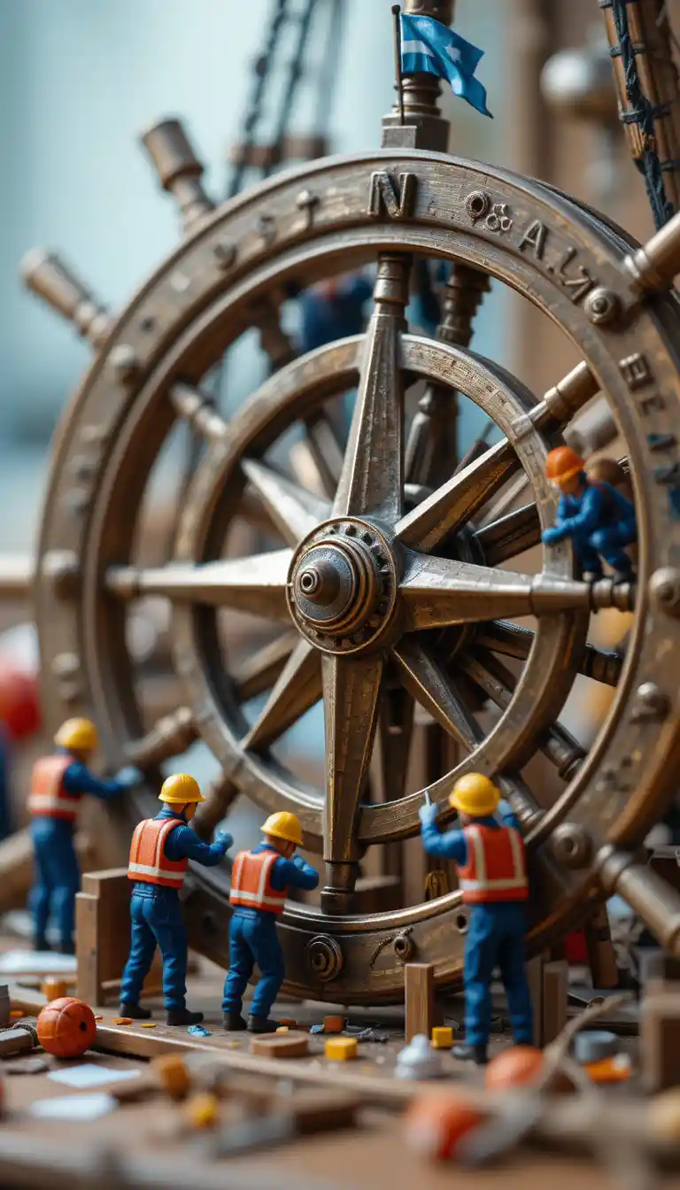 Mini workers adjusting a nautical compass in close up