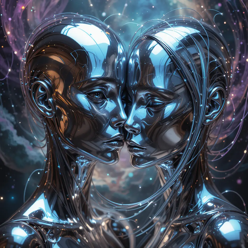 Abstract chrome faces swirling within a cosmic nebula