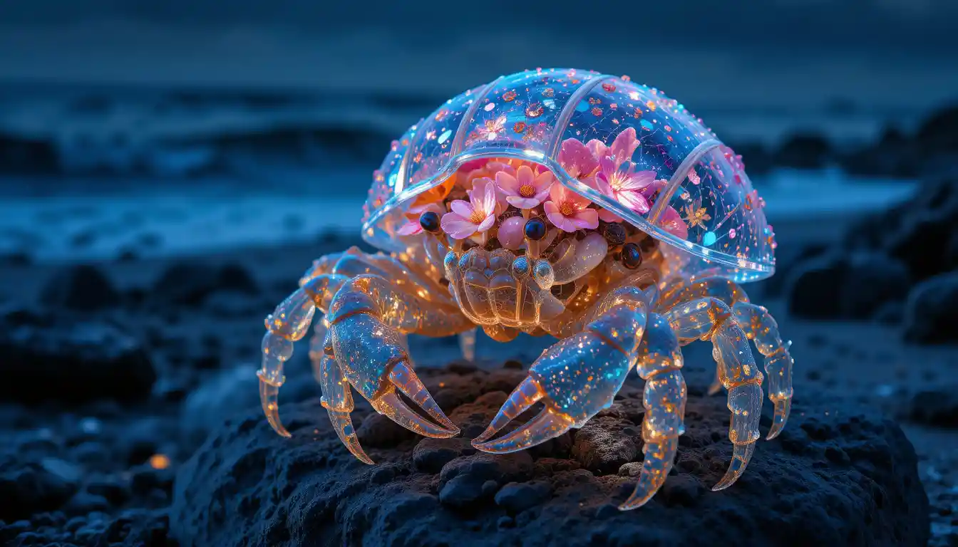 Bioluminescent Hermit Crab Sculpture On A Night Beach Rock