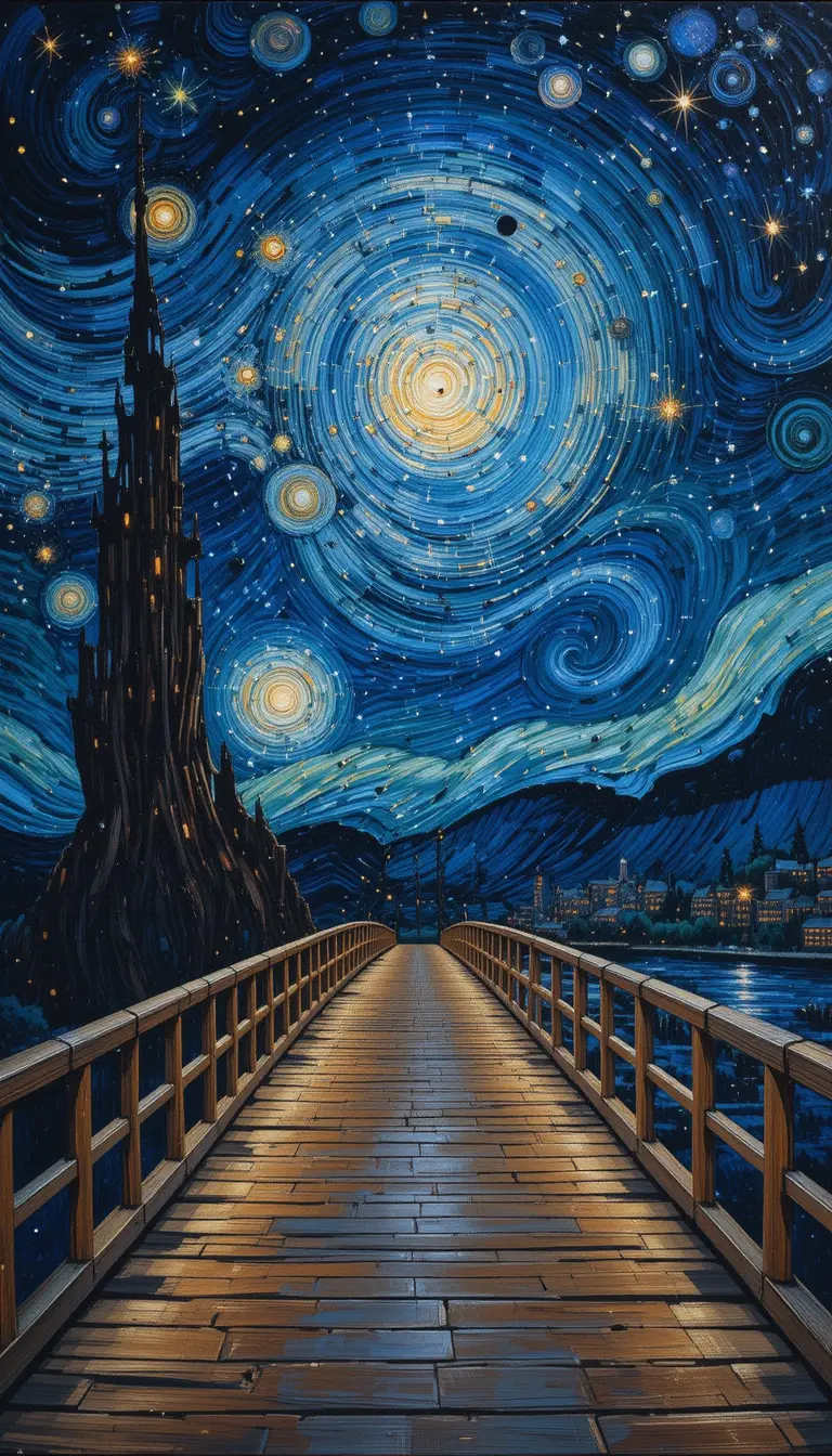 Night bridge under full moon in dreamy space painting