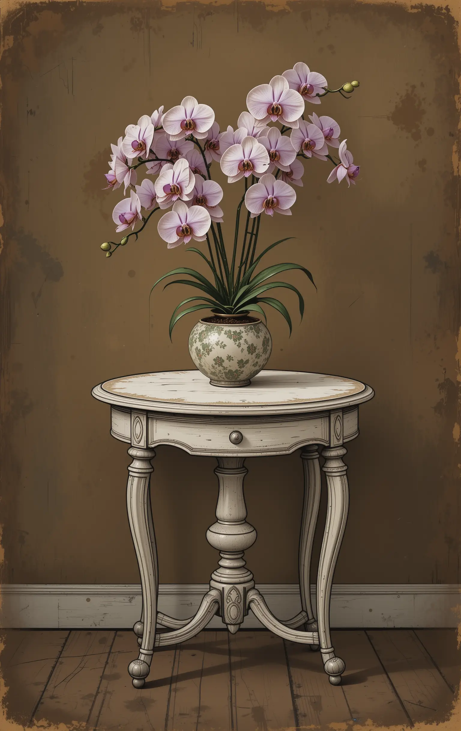 Shabby chic table with orchid vase against plain background
