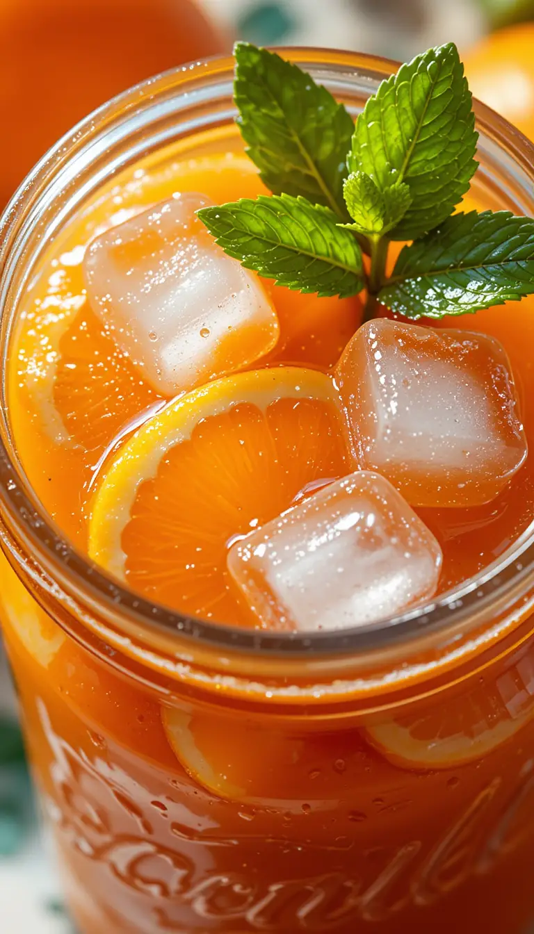 Close up jar of orange marmalade with ice and mint