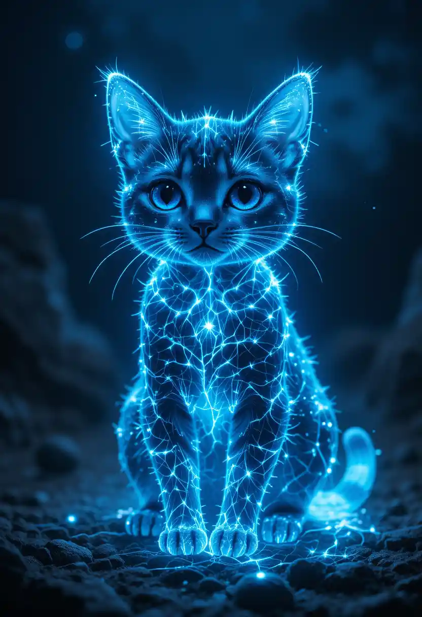 Glowing blue light cat sitting on cosmic energy field