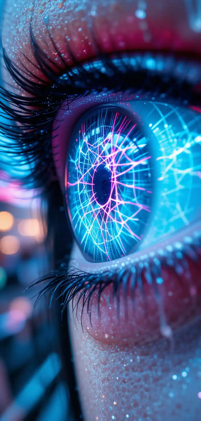 Primerísimo plano de un iris con reflejos de neón bajo la lluvia