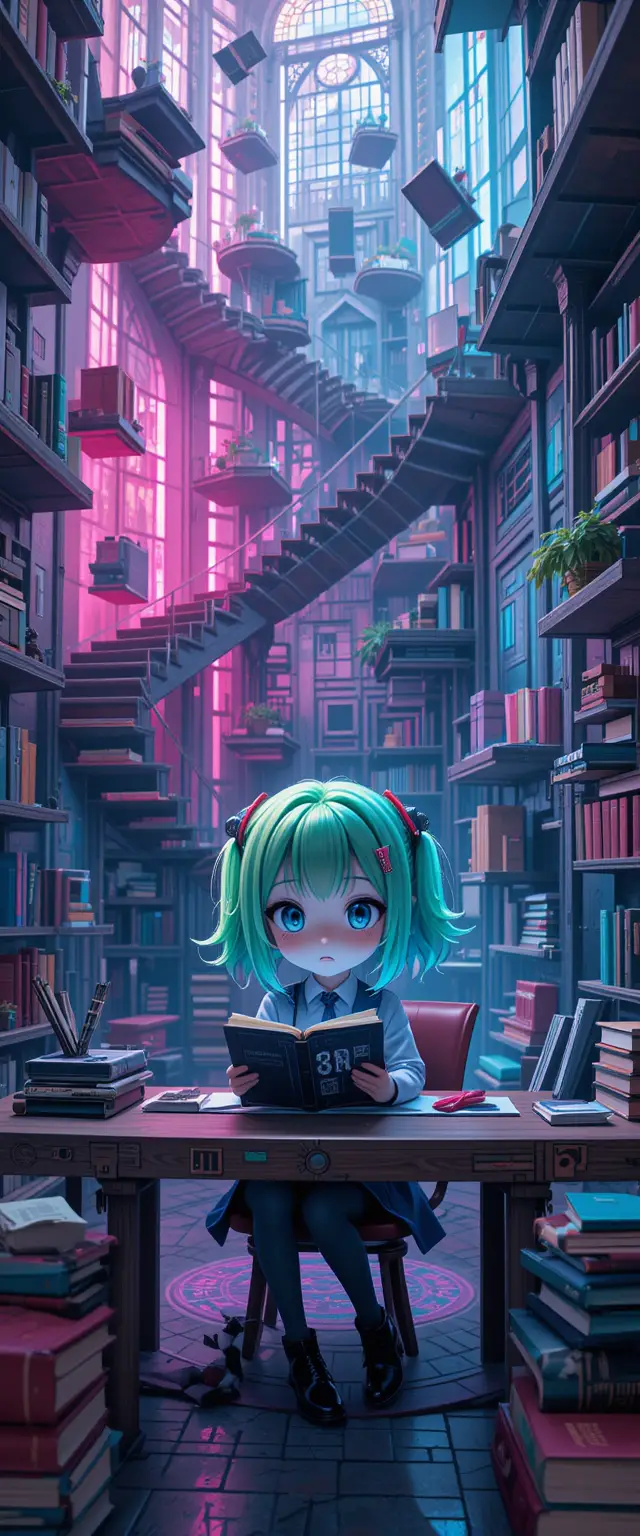 Chibi anime girl studying among impossible neon staircases