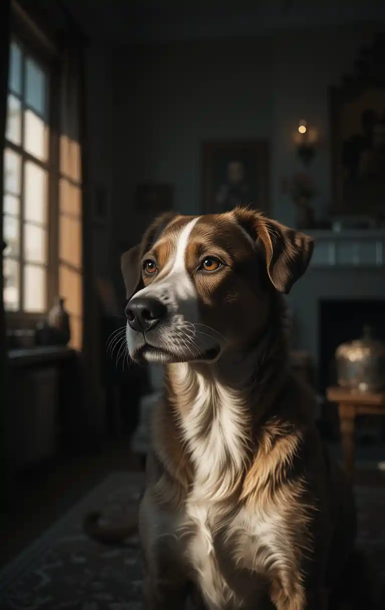 Dog portrait in dramatic split lighting inside a dim room