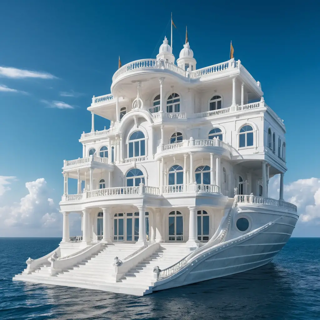 Bâteau-manoir blanc surréaliste flottant sur une mer de nuages