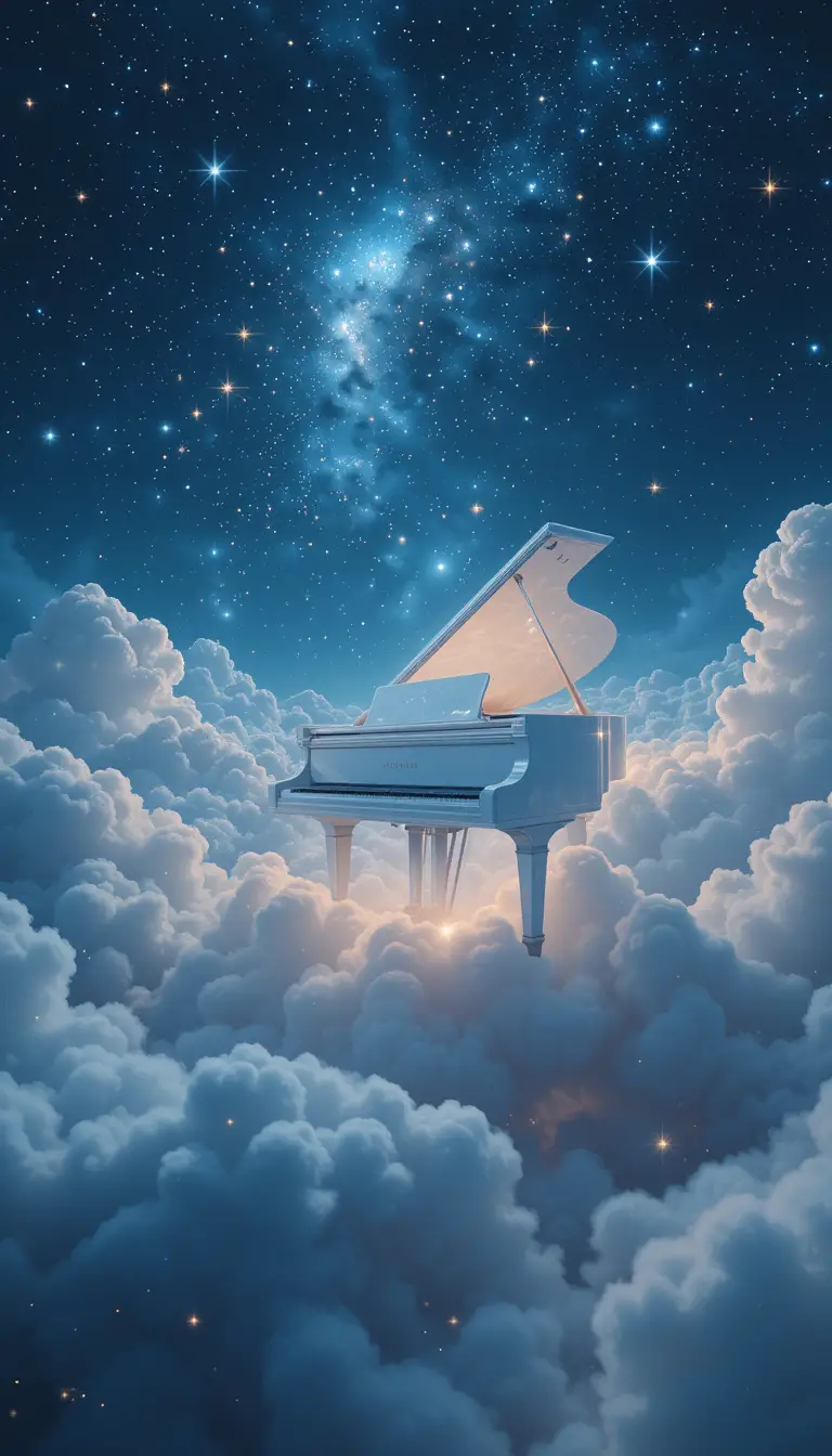 Floating white piano in a dreamy starlit night sky