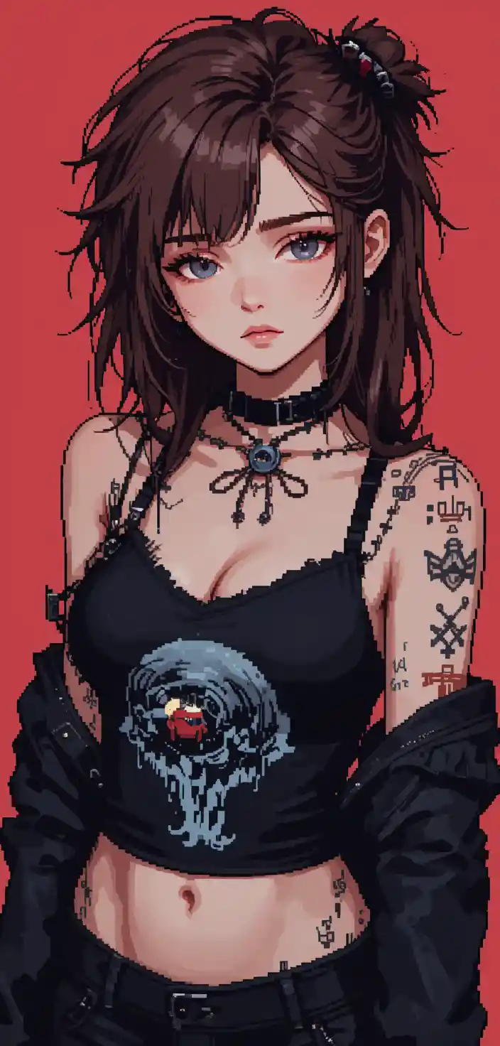 Teen punk girl with gray eyes and tousled brown hair