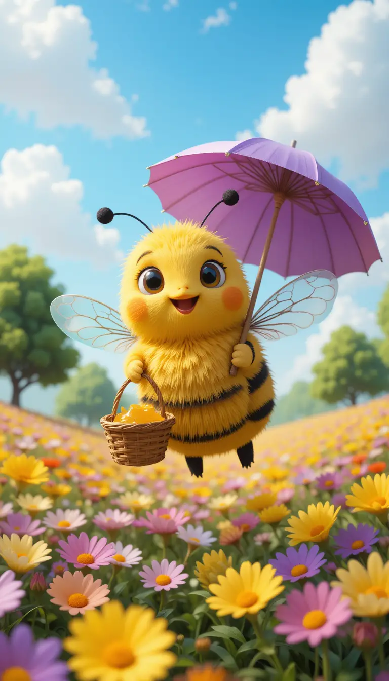 Cute 3d bee flying above a colorful flower field