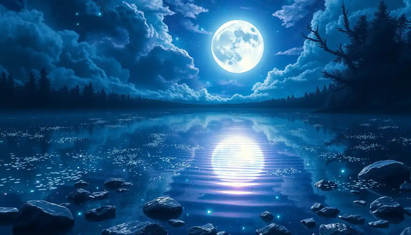 Mystical moonlit lake in a cosmic fantasy landscape