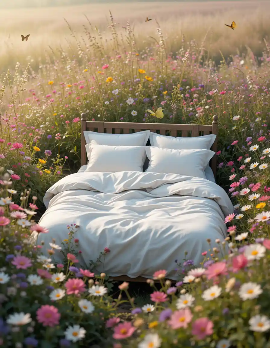 Serene White Bed In A Sunlit Wildflower Field
