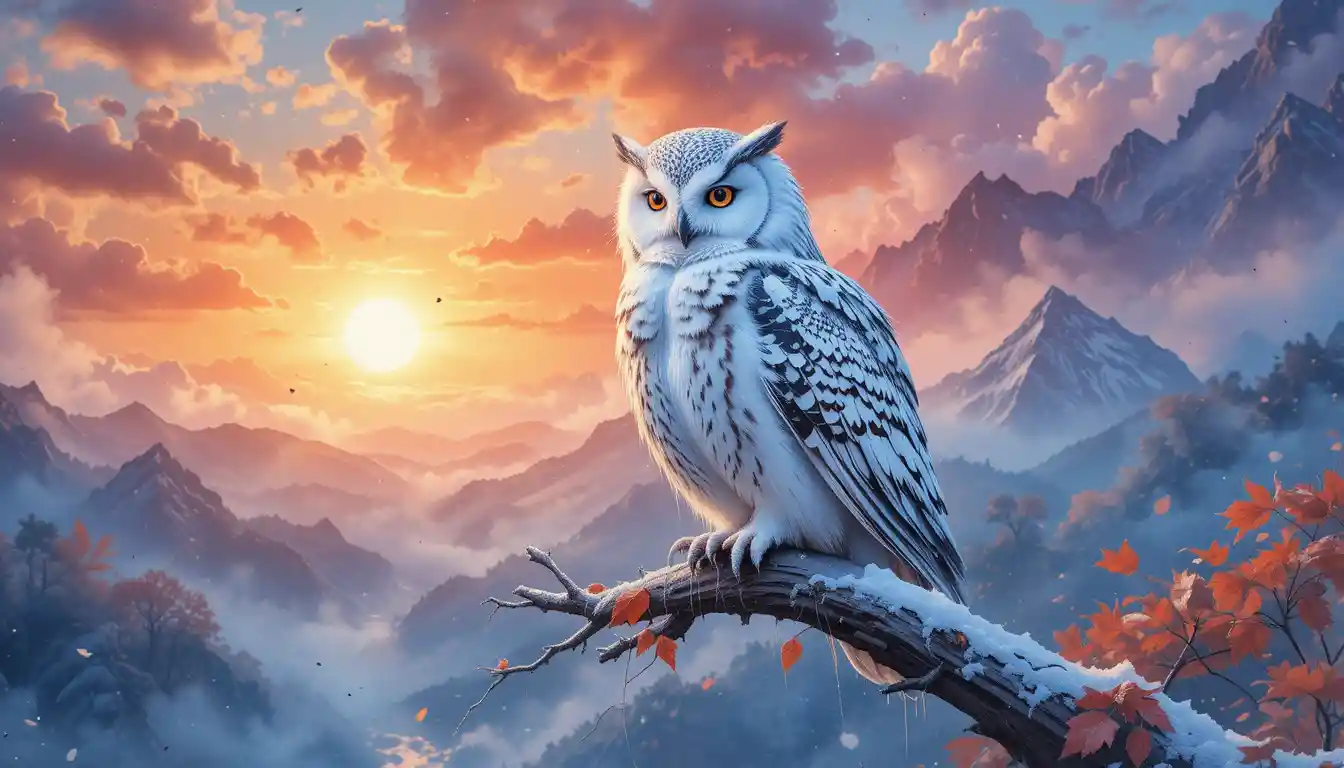 Snow owl perched on an autumn branch at sunset