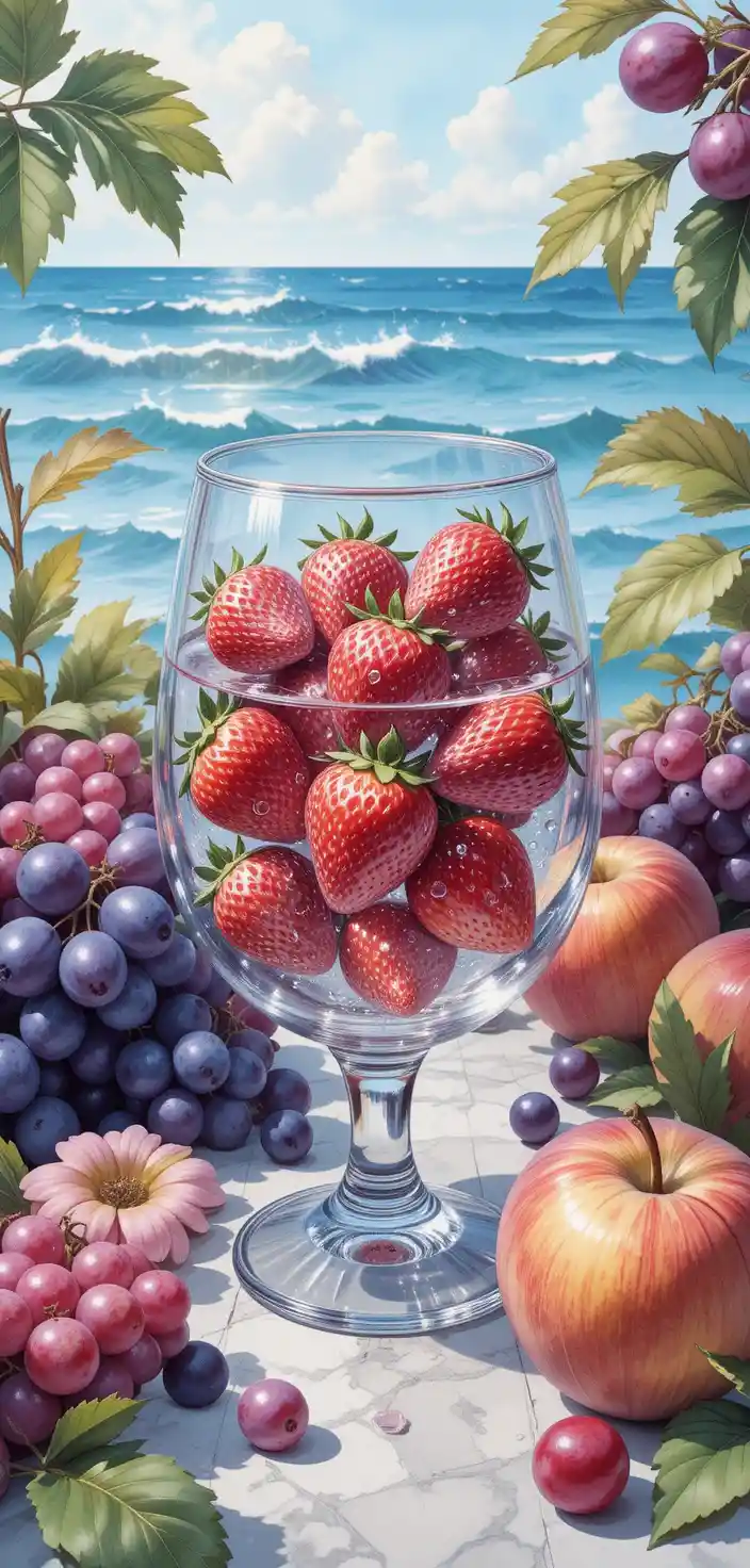 Photorealistic still life of fruits in a glass bowl