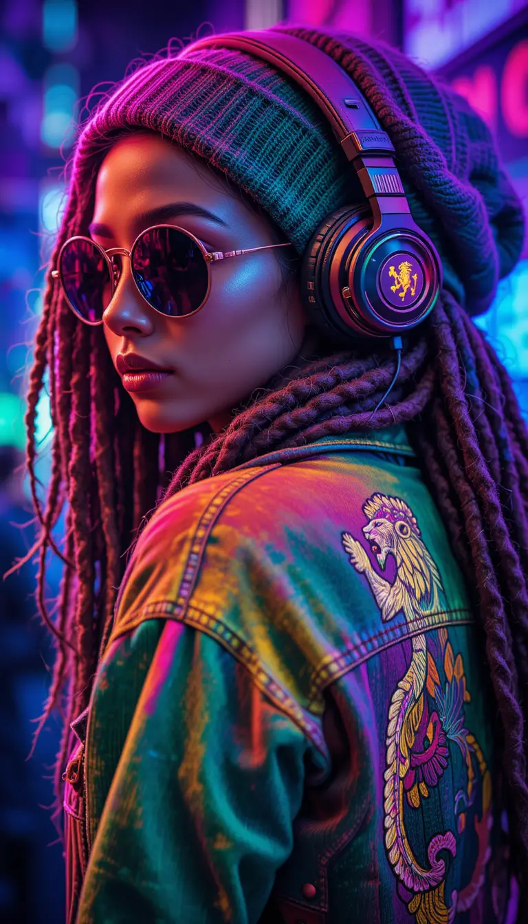 Rastafarian woman close up with neon psychedelic lights