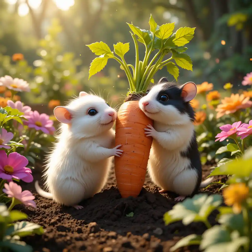 Two hamsters pulling a giant carrot in sunny garden