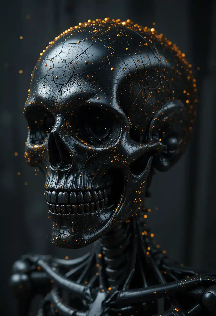 Dark Metal Skull With Gold Particles In Gloomy Atmosphere