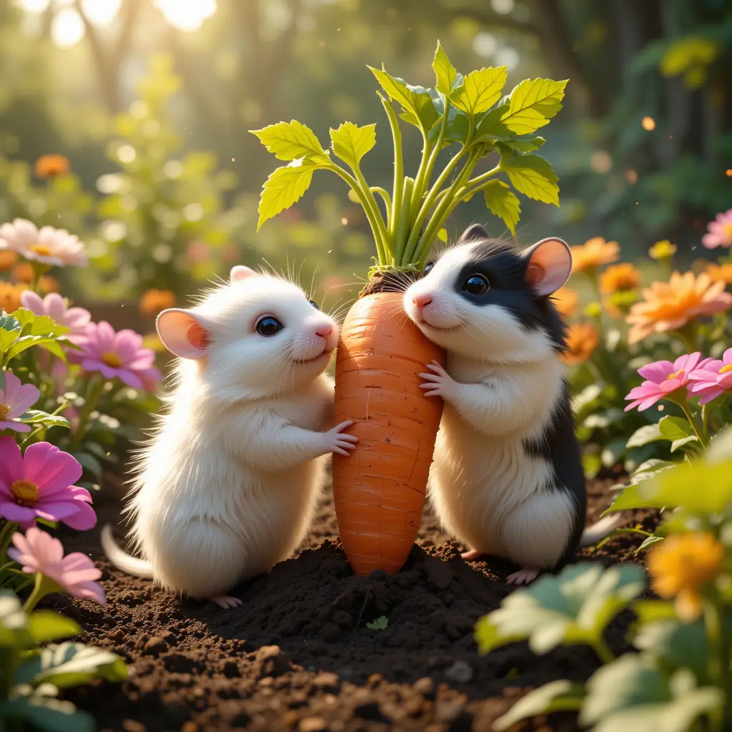 Two hamsters pulling a giant carrot in sunny garden