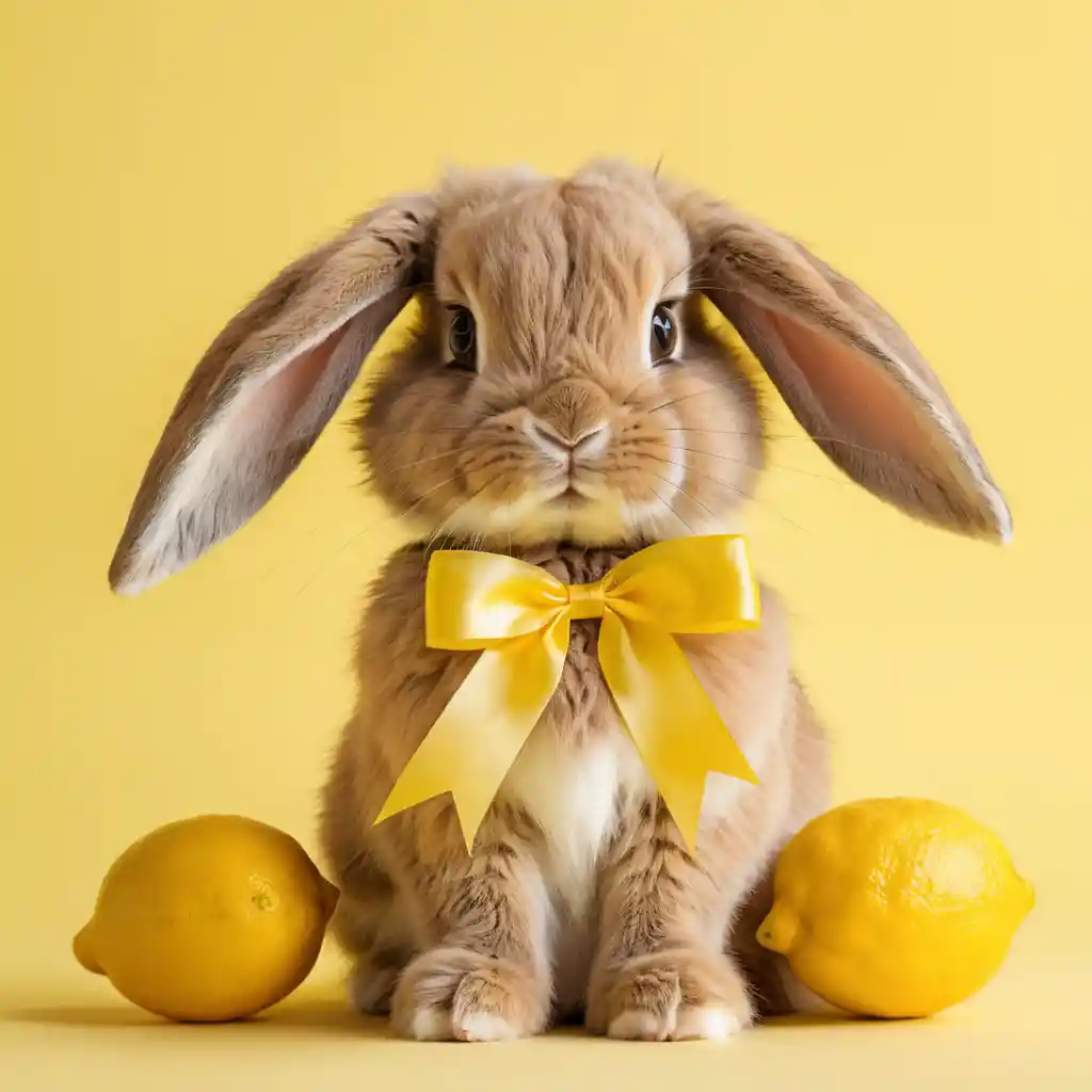 Cute rabbit with yellow ribbons on lemon background
