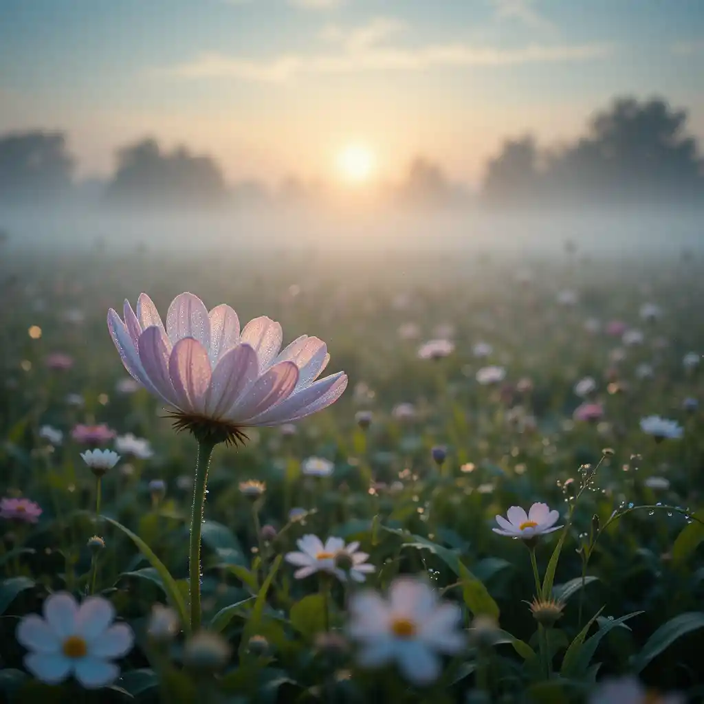 Close up flower in a misty sunrise meadow