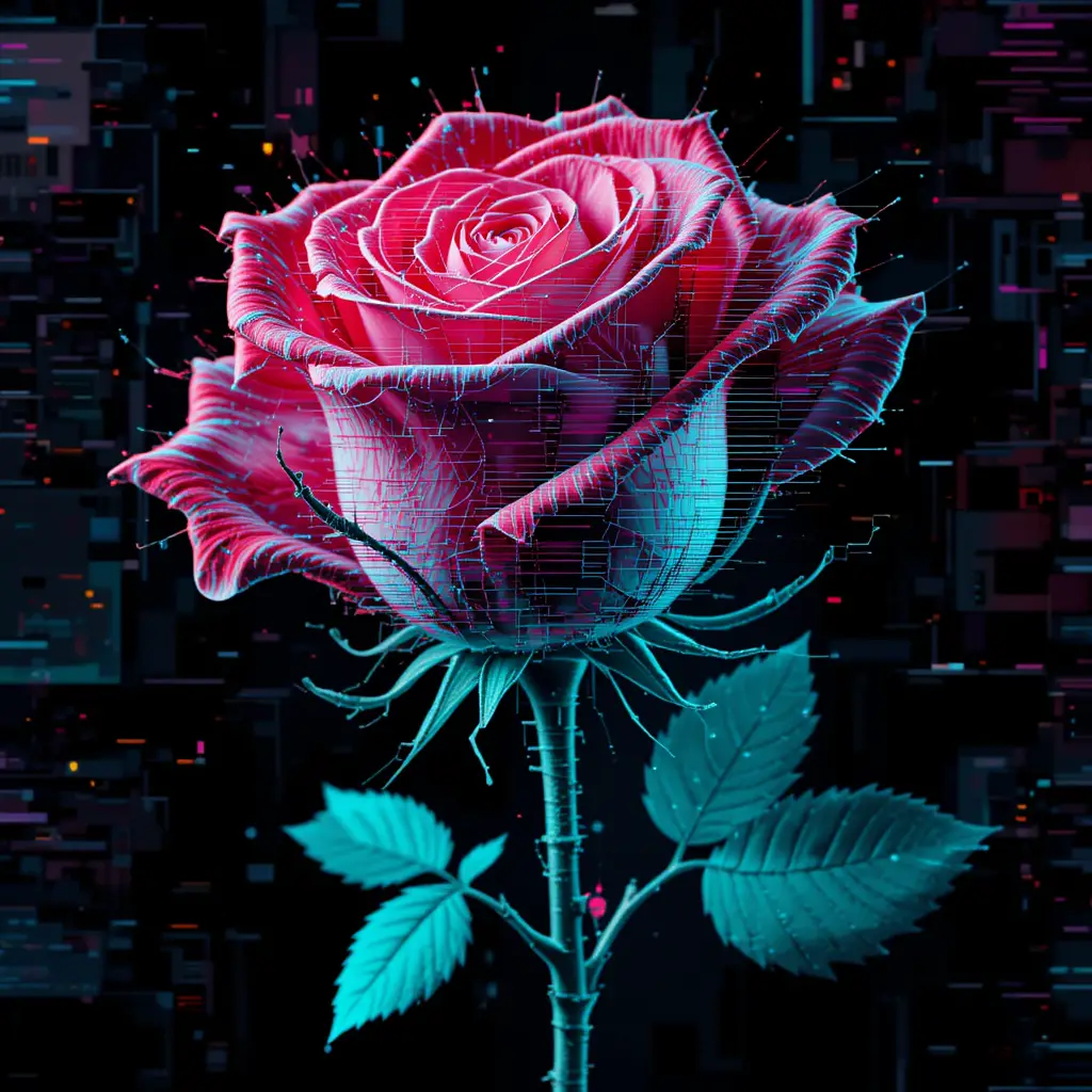 Glitch art rose with neon digital distortion and artifacts