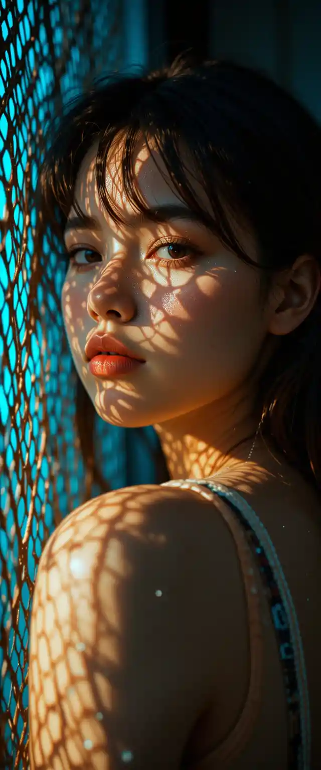 Backlit girl against metal mesh with glowing copper cables
