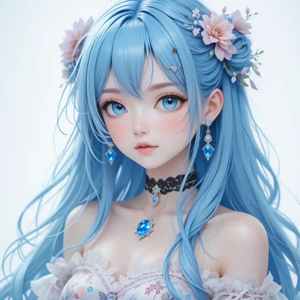 Anime girl portrait with blue hair and floral dress