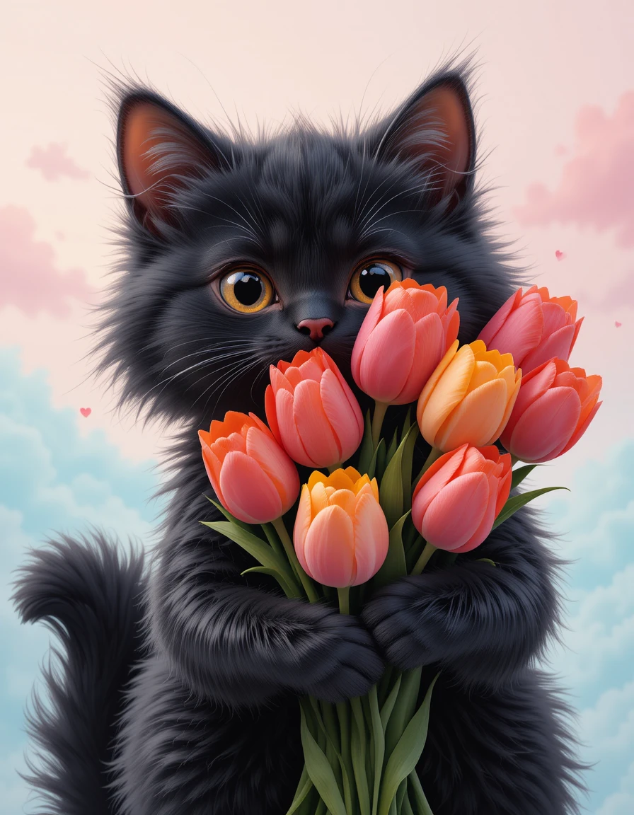 Gato negro esponjoso sosteniendo un ramo de tulipanes bajo un cielo pastel