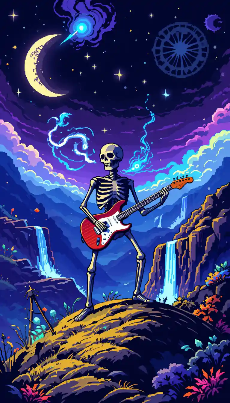 Scheletro che Suona la Chitarra Elettrica sotto un Cielo Notturno Magico