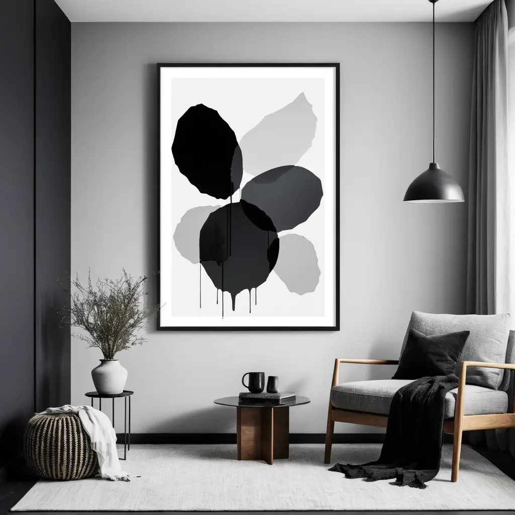 Minimalist asymmetric inkblot wall art in black frame