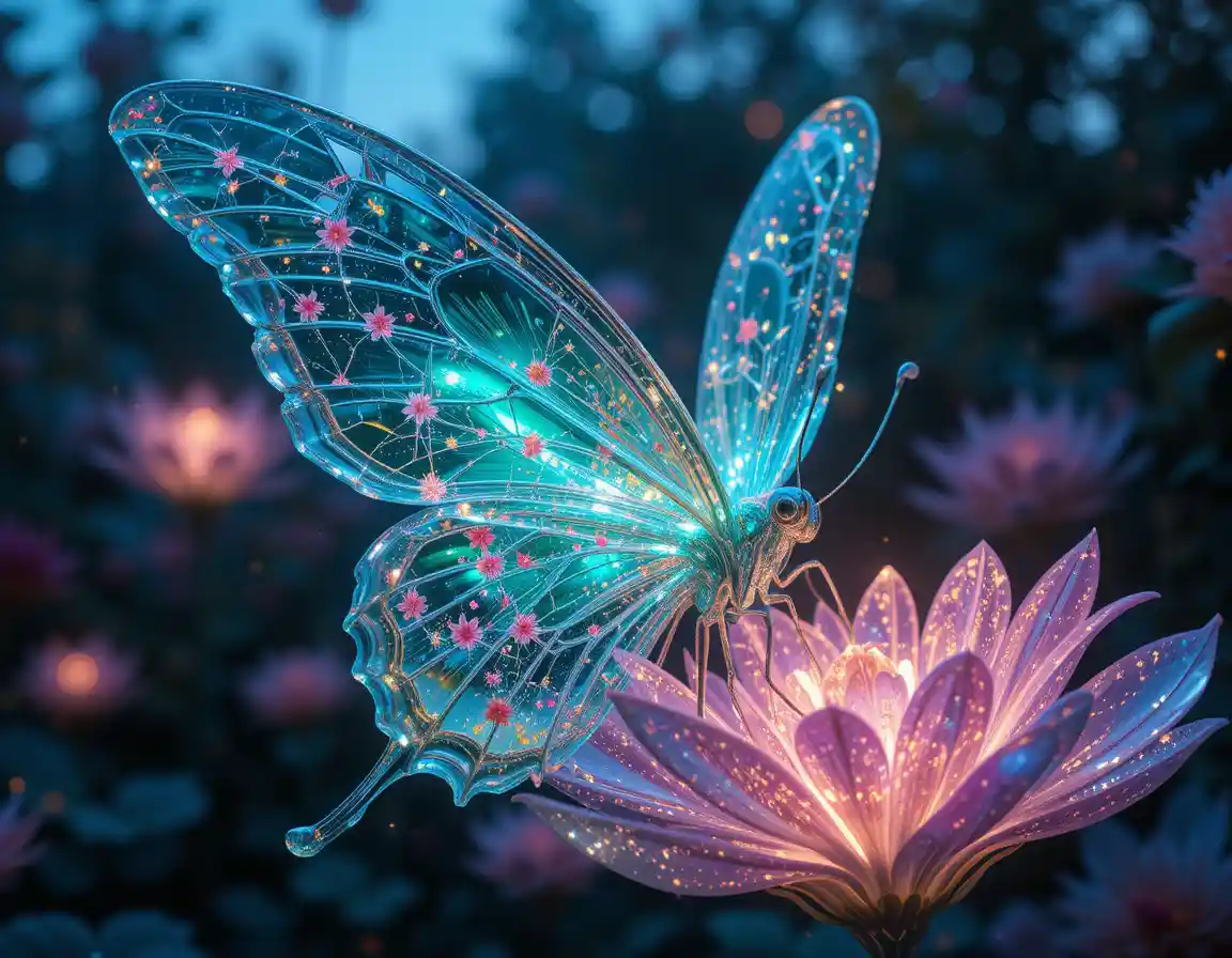 Crystal butterfly wing with glowing bioluminescent flowers