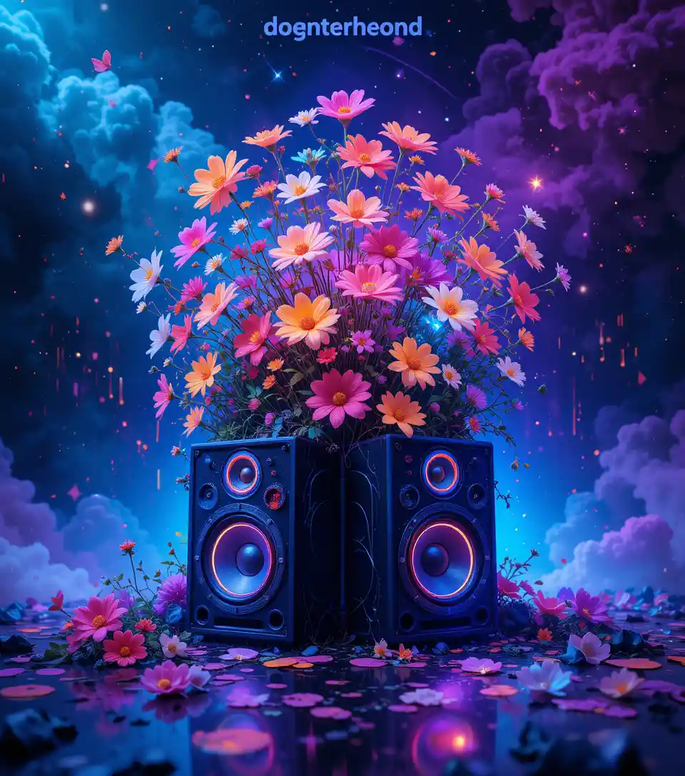Psychedelic neon flowers growing from retro speakers