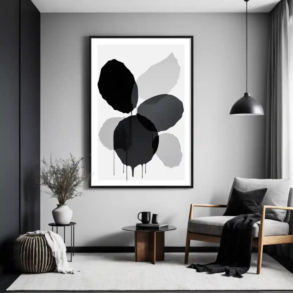 Minimalist asymmetric inkblot wall art in black frame