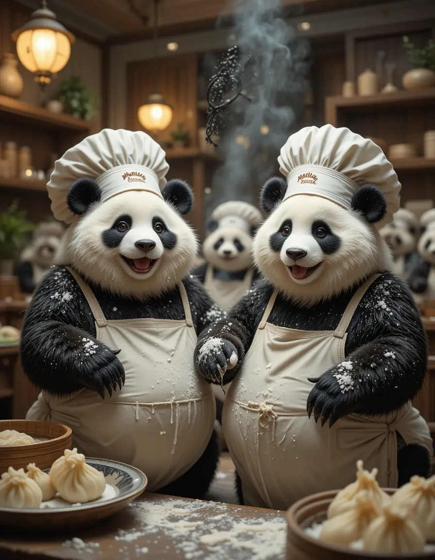 Verspielte pummelige Pandas, die in einer Hotelküche Dumplings machen