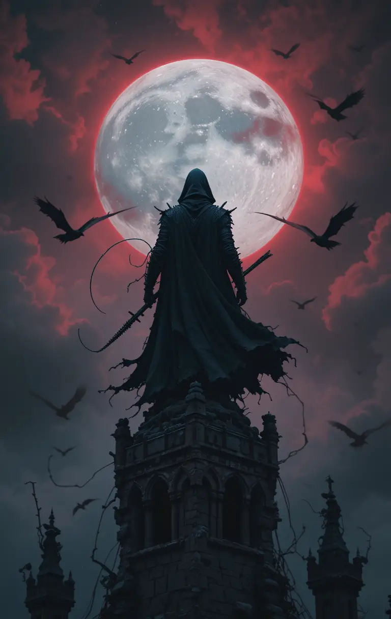 Vampire Hunter On Gothic Castle Spire Under Full Moon