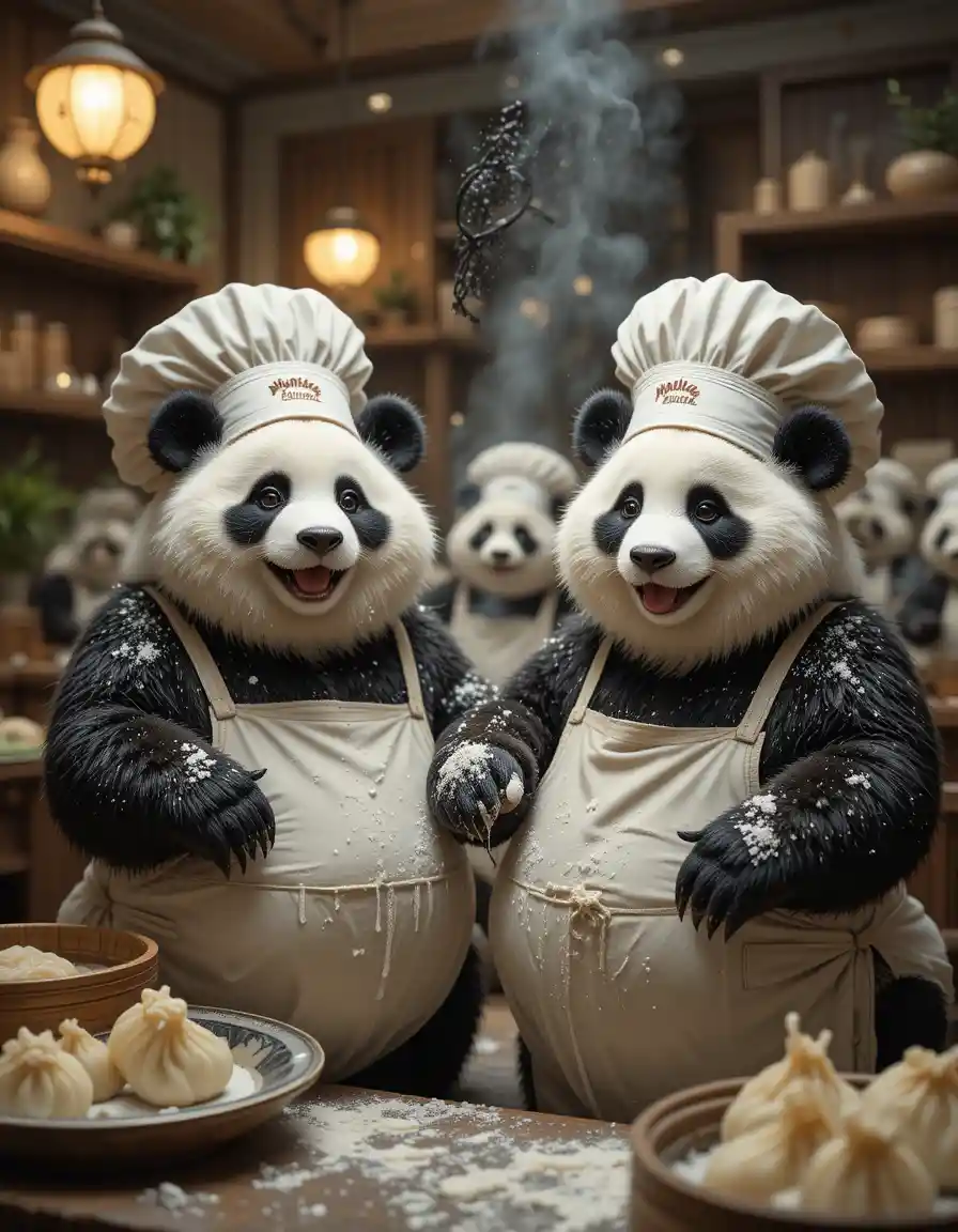 Playful chubby pandas making dumplings in a hotel kitchen