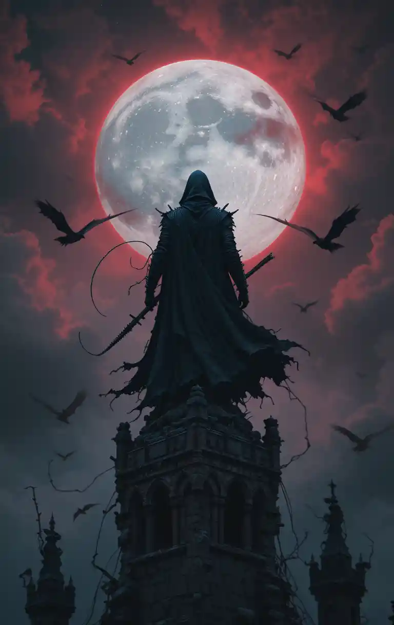 Vampire Hunter On Gothic Castle Spire Under Full Moon