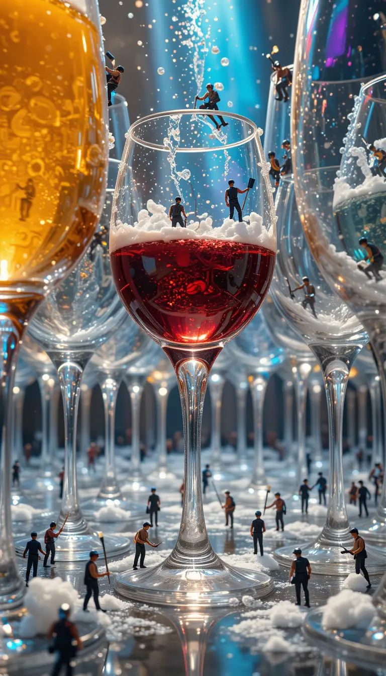Miniature workers cleaning giant crystal wine glasses