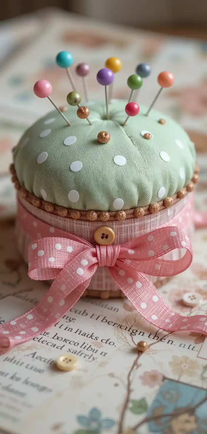 Vintage scrapbooking pincushion with colorful pins and ribbon