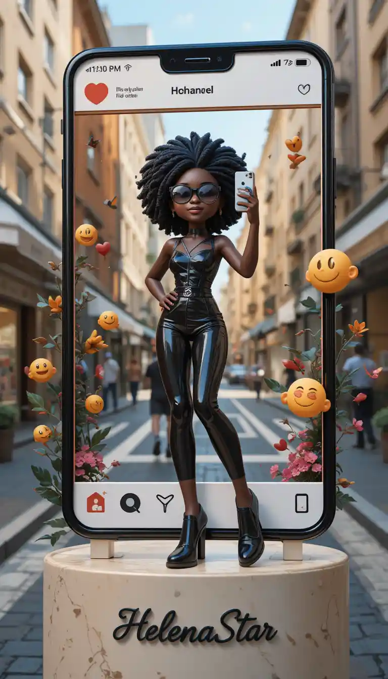 3d black girl stepping from instagram frame