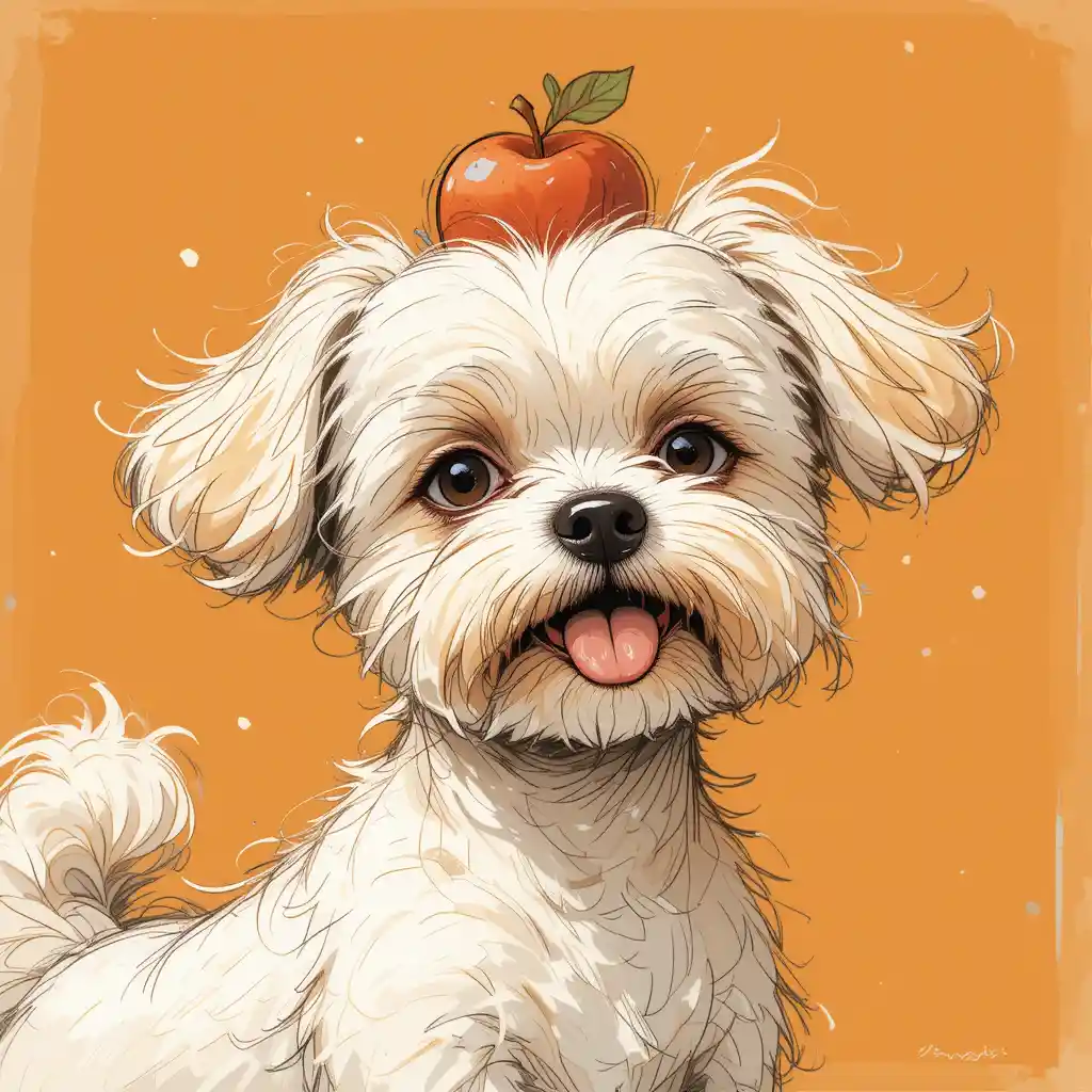 Playful bichon frise with apple in impressionist close up